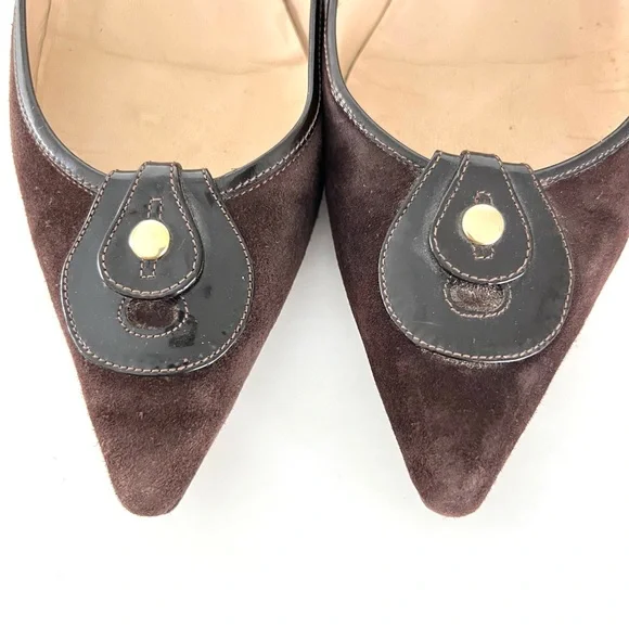 JIMMY CHOO Brown Suede w Leather Accent Close Pointy Toe Slip On Flats Sz 39 1/2